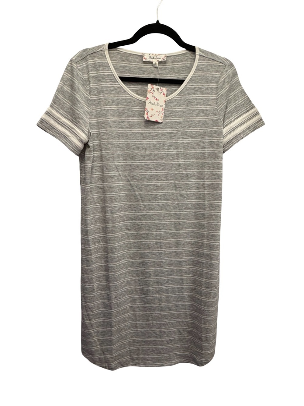 NWT Pink Rose Gray White Striped T Shirt Dress Womens Large L Casual Soft Knit